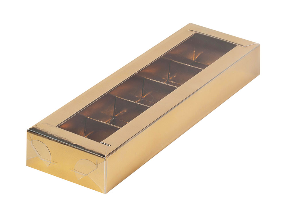 Коробка для конфет (на 5 штук) 235x70 h30 золото с прозрачной крышкой 051024
