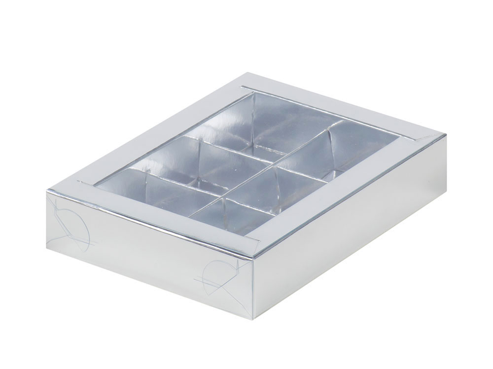 Коробка для конфет (на 6 штук) 155x115 h30 серебро с прозрачной крышкой 051042